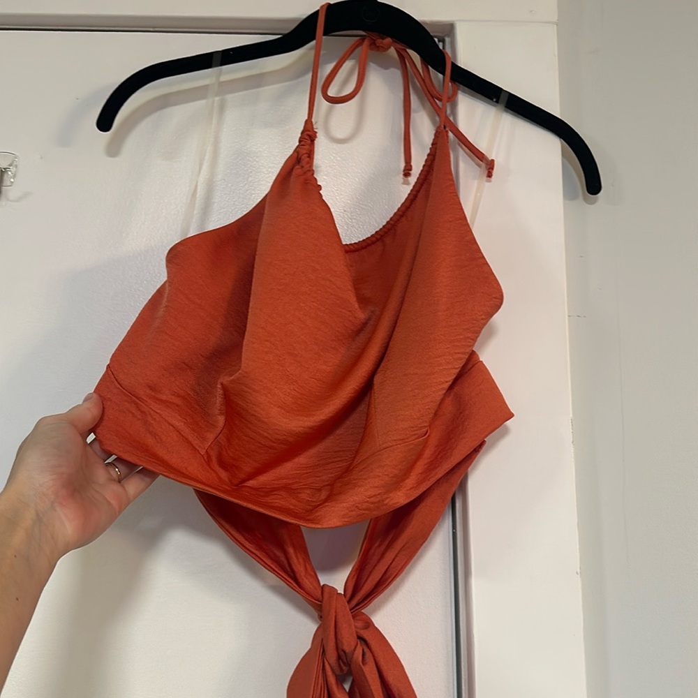 Coral open back halter top